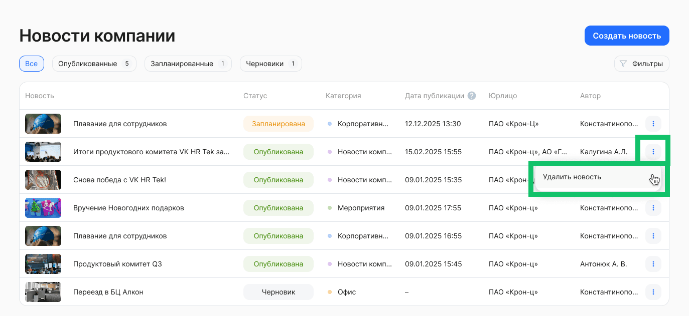 Удаление новости
