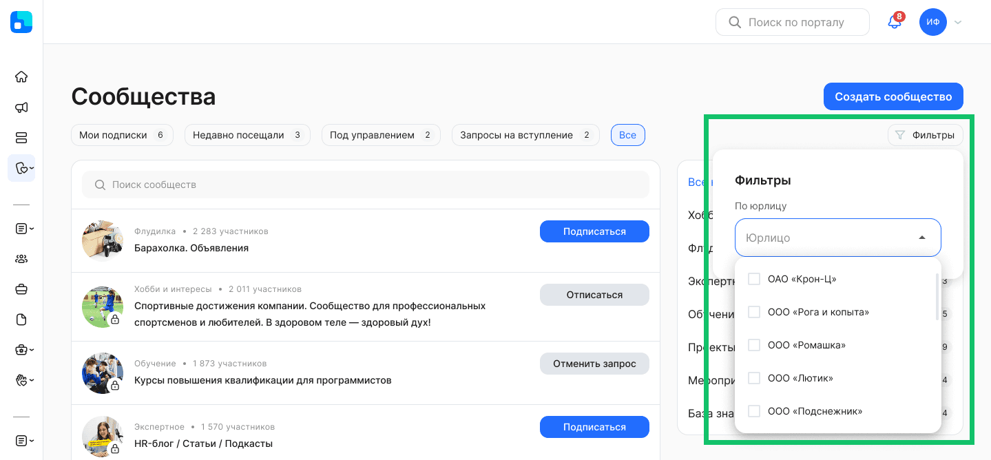Список сообществ